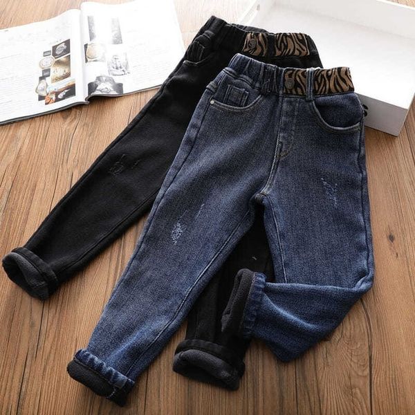 

jeans winter kids girls jeans slim casual pants black blue denim fleece thermal straight trousers for children versatile stretch jeans 23031
