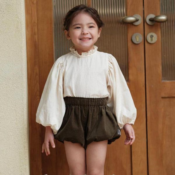 

kids shirts japanese korean sweet children's cotton lantern sleeve lace stand collar baby girl shirt blouse baby's lamp shorts set, White;black