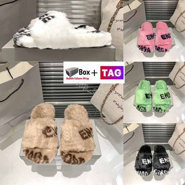 

with box paris slippers womens fashion allover logo furry slide sandals rubber luxury designer moccasins casual outdoor lady shoes size 35-4, Black