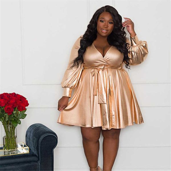 

plus size dresses birthday dress for women deep v neck belt long sleeve solid color loose elegant 4xl 5xl wholesale 230307, Black