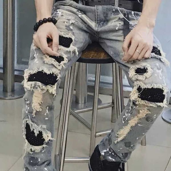 

jeans mens am1r1 trousers pants mirri ripped fashion designer brand new men's white embroidery patch elastic slim denim hip hop high 1c, Blue