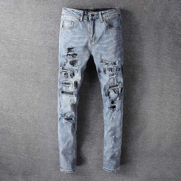 

jeans mens am1r1 trousers pants mirri ripped fashion designer brand new men's white embroidery patch elastic slim denim hip hop high lc, Blue