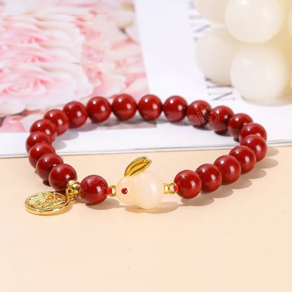 

purple cinnabar lucky rabbit beaded bracelets women lovely redware stone chinese fu pendant charm jade bangles girls jewelry, Golden;silver