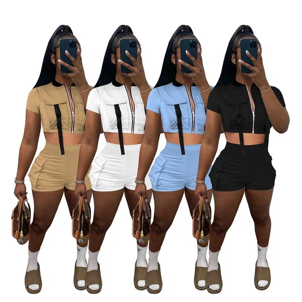 

2023 designer summer tracksuits two piece sets women outfits short sleeve zipper shirt and shorts casual sweatsuits jogger suits bulk wholes, Gray