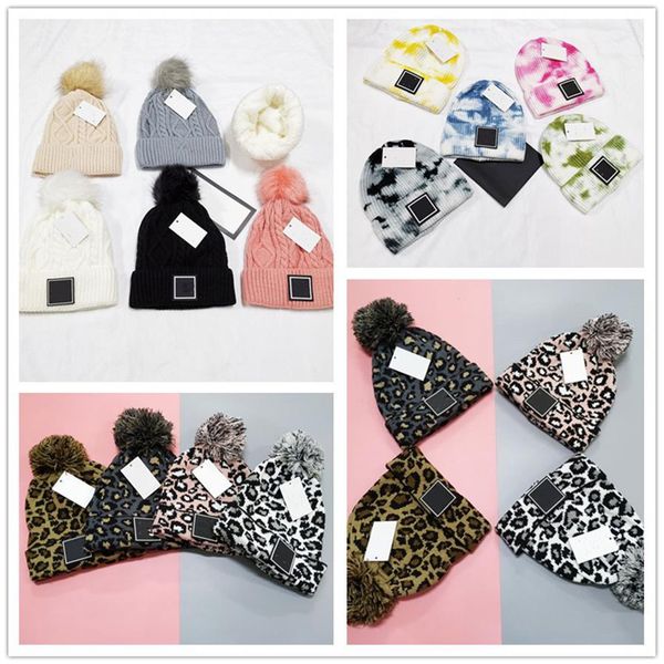 

leopard knitted hats pom fur ball beanies women winter warm wool245s, Blue;gray