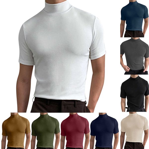 

men's t-shirt men's autumn and winter high collar short sleeve t-shirt men's underlay solid color, White;black