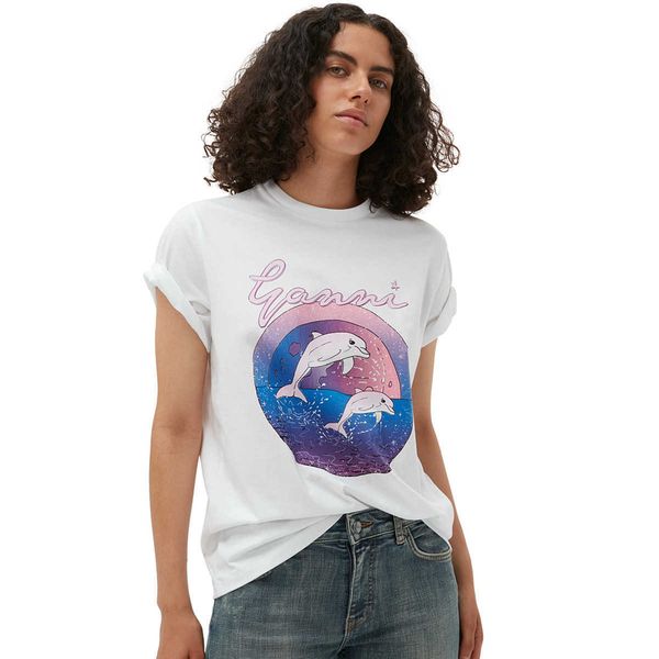 

ganni 2023ss women designer t shirt print white casual versatile fashion short sleeve tees