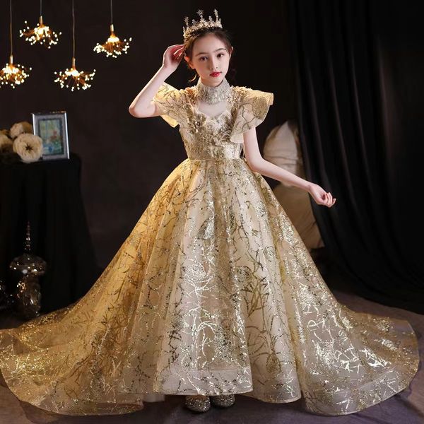 

handmade flower girls dresses necklace bead princess kids crystal sequined long tain bridesmaid dress princess girl pageant ball gown toddle, White;blue