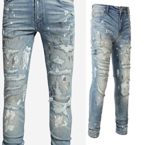 

jeans mens am1r1 trousers pants mirri ripped fashion designer brand new men's white embroidery patch elastic slim denim hip hop high j7, Blue