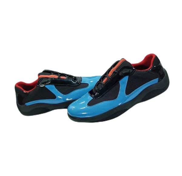 

men designer sneakers flat trainers women casual shoes runner shoes patent leather black blue mesh lace-up nylon men america cup with box