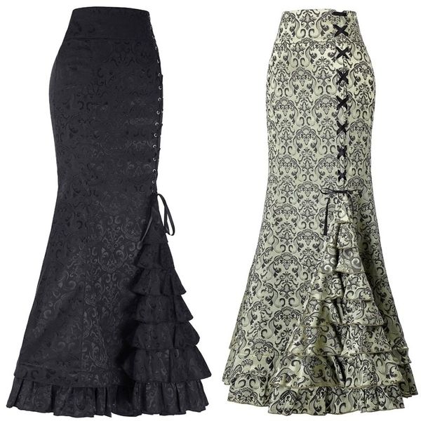

casual dresse fashion punk style retro jacquard mermaid skirt halloween gothic victorian steampunk long bodycon ruffle fishtail tiered 23031, Black;gray