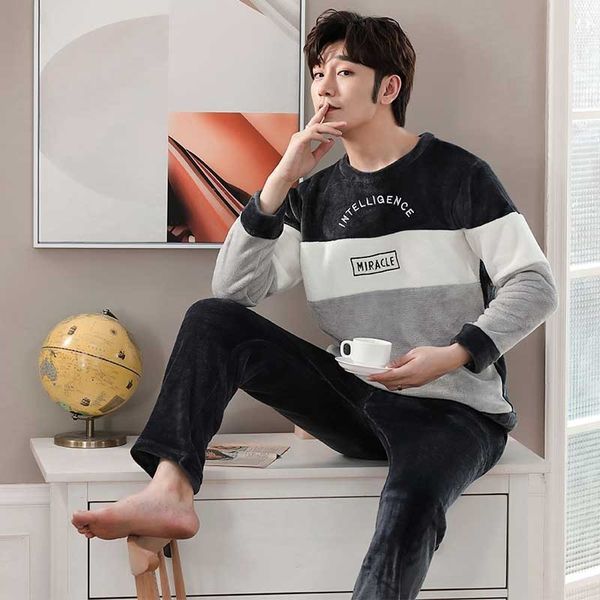 

men's sleepwear thicken warm flannel pajamas set male long sleeved cartoon men's winter leisure loose home cloth autumn loose men, Black;brown