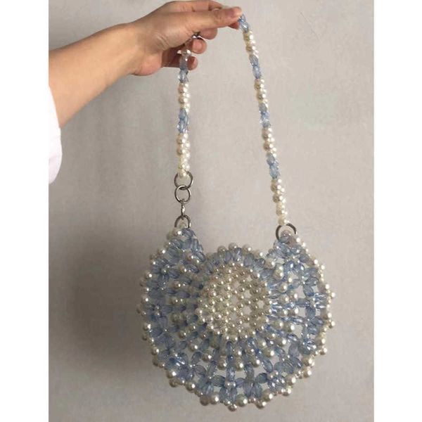 

hollowed-out semicircle beauty pearl arc bag blue cut acrylic pointed bead woven handmade shoulder for women 230304