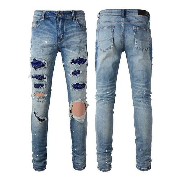 

jeans mens am1r1 trousers pants mirri ripped fashion designer brand new men's white embroidery patch elastic slim denim hip hop high s9, Blue