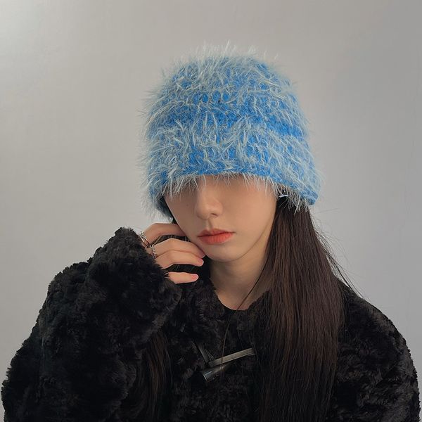 

wide brim hats bucket hats korean bucket hats women winter sweet and bright silk knitted caps fashion ear protection ski hat warm ins beanie, Blue;gray