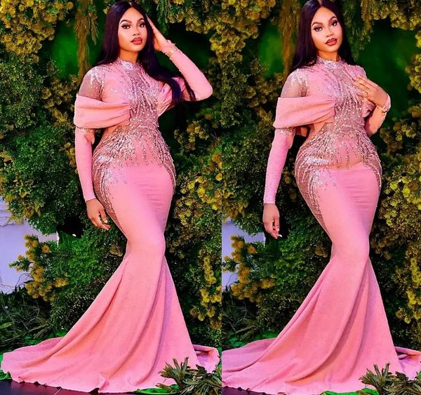 

plus size evening dresses arabic aso ebi pink mermaid luxurious prom gowns beaded sequins evening formal party second reception birthday, Black;red