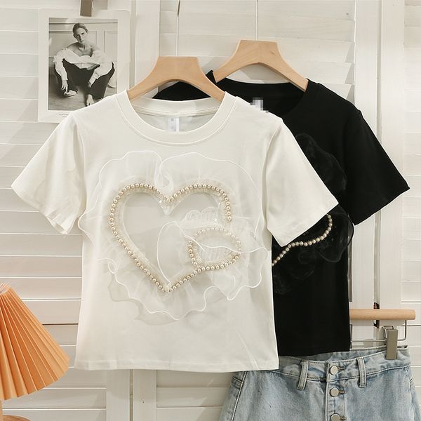 

women's t-shirt beaded sequins love short sleeve t-shirt for women summer korean style loose flounce patchwork solid color fashion tees, White