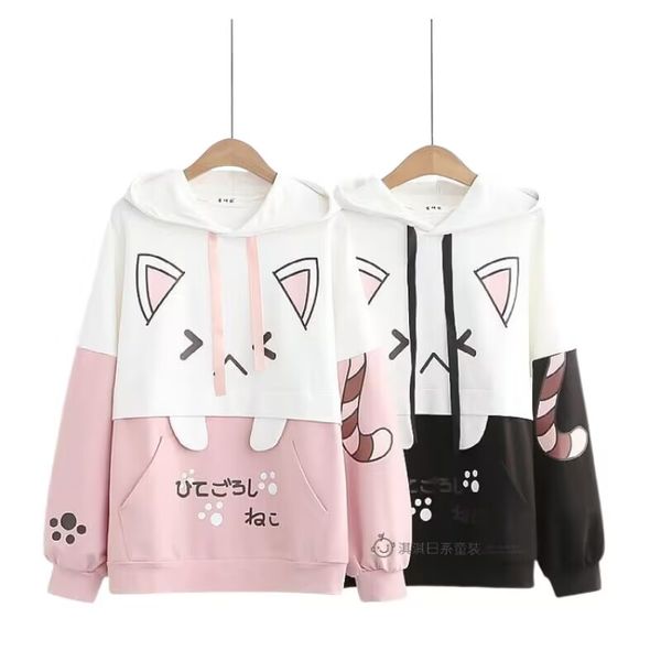 

harajuku pink hoodies cartoon cat printed hooded sweet sweatshirt women winter thick warm female cute kawaii tracksuit, Black