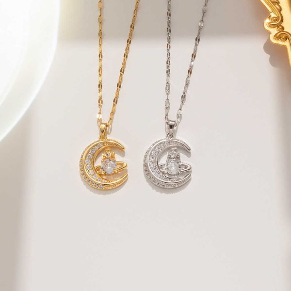 

necklaces strands strings new man design full diamond moon planet pendant copper set zircon fashion style versatile necklace, Silver