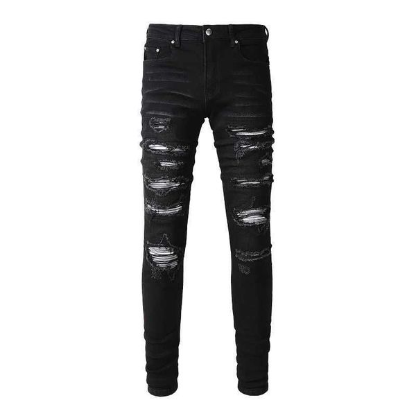 

jeans mens am1r1 trousers pants mirri ripped fashion designer brand new men's white embroidery patch elastic slim denim hip hop high ki, Blue