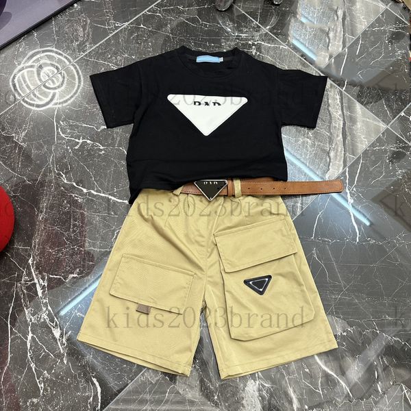 

boys t shirts with cargo shorts sets 2023 brand designer kids tracksuits triangle logo children summer sports sets with belts high end kids, White