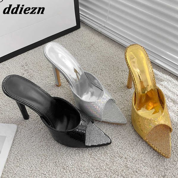 

fashion high heels slides sandals for women 2023 bling pointed toe ladies footwear pumps shoes rhinestones female slippers 0316, Black