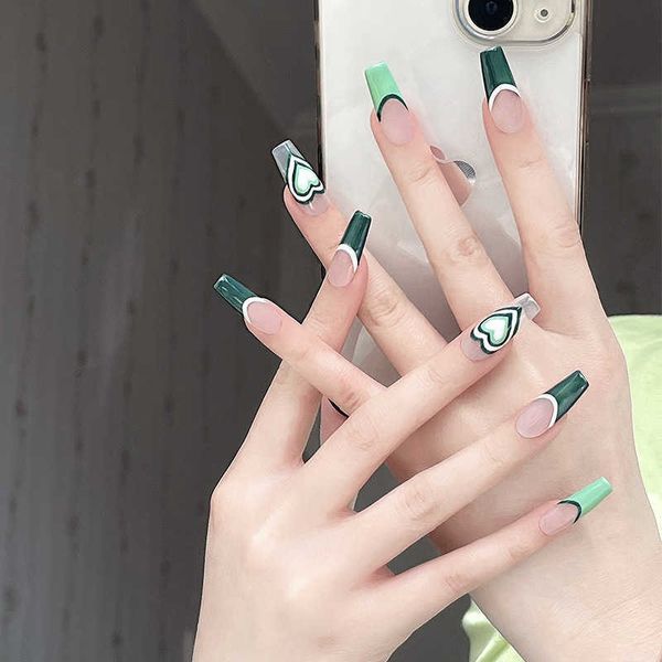

false nails peppermint green love wearing nail french nail patch 230317, Red;gold