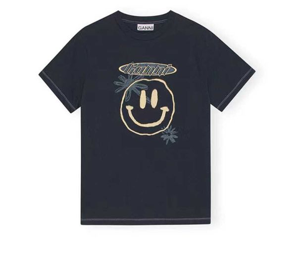

2023 ganni women designer t shirt smiling printing slim short sleeve t-shirt simple women top, White