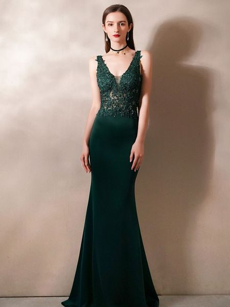 

new dark green prom dresses mermaid appliques embroidery lace beaded satin v-neck backless bride sleeveless party guest evening gown 2023, Black