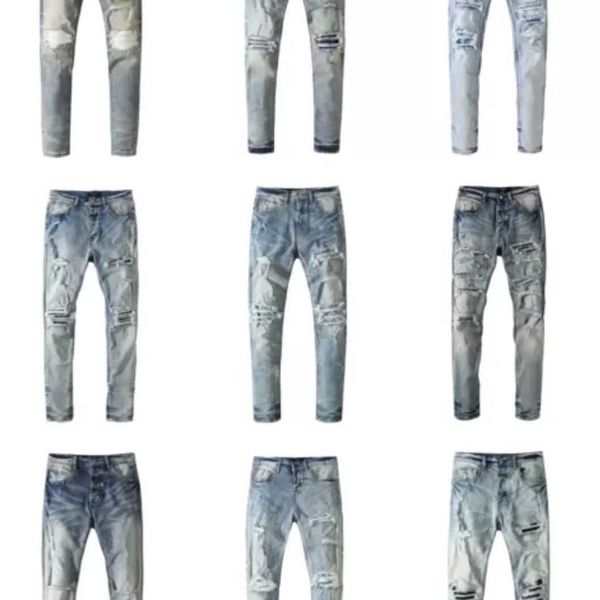 

jeans mens am1r1 trousers pants mirri ripped fashion designer brand new men's white embroidery patch elastic slim denim hip hop high ll, Blue