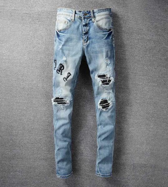 

men039s jeans amri ripped pants fashion hip hop blue letter printing good version high street youth slim fit denim elastic l40s6399374