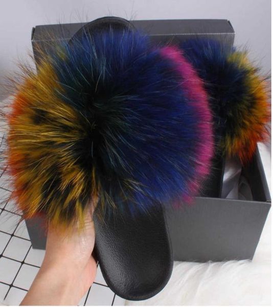 

real fox hair fur slippers womens summer slides flip flops popular fluffy fur sandals beach woman shoes slipper6108562, Black