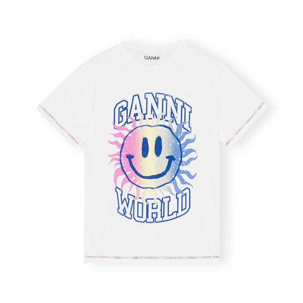 

ganni 2023ss women designer t shirt letter smiling printing white round neck loose t-shirt short sleeve
