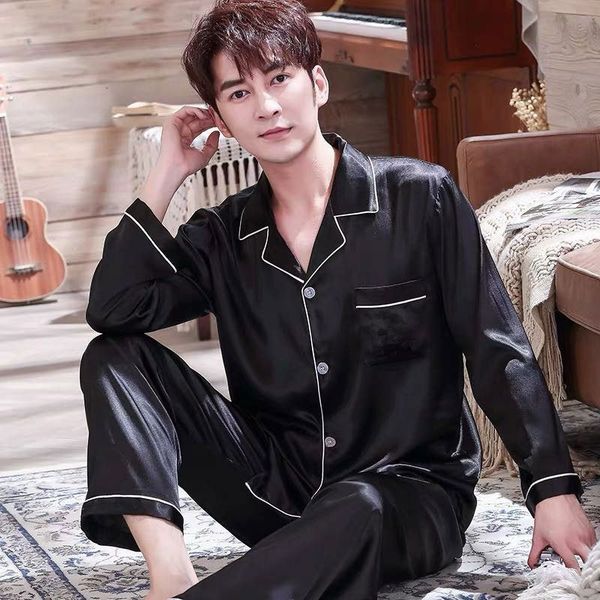 

men's sleepwear men pajama sets silk satin pijama turn-down collar sleepwear long sleeve spring nightwear male 2 pieces sets homewear 2, Black;brown
