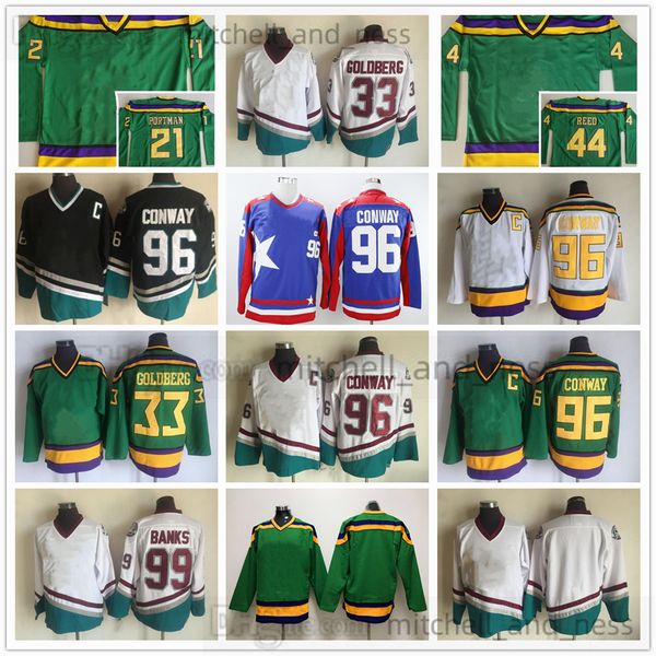 

movie vintage hockey jersey retro ccm embroidery 96 charlie conway jersey 33 greg goldberg 21 dean portman 44 fulton reed 99 adam banks blan, Black;red