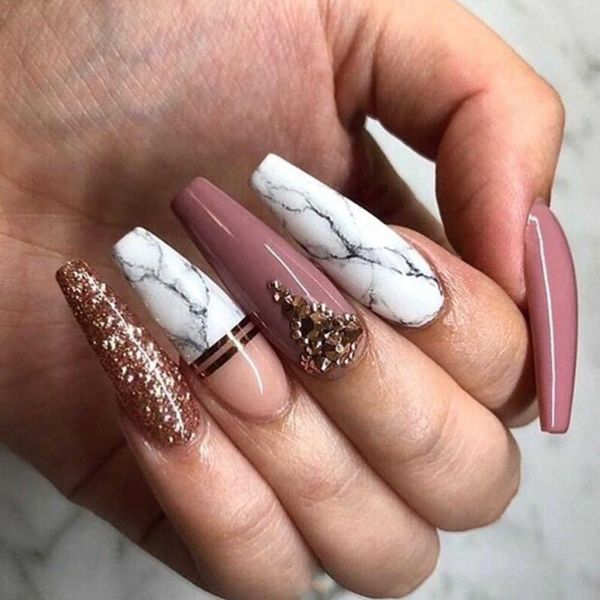 

false nails selling new super long ballet nail enhancement patch blue and white porcelain pile diamond glitter powder wear 230317, Red;gold