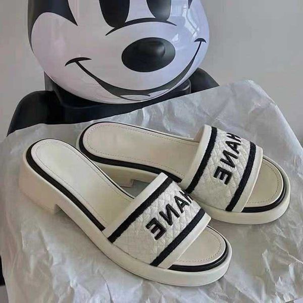 

designer slides channel slipper sandals high version summer new embroidered thick soled raised slippers women wear thick heel one word holid, Black