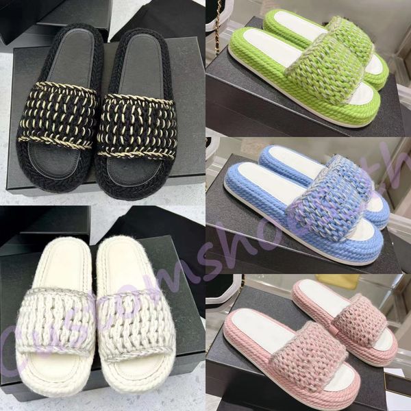 

designer slippers luxury straw sandals women platform rubber shoes knit honey flat mules lady beach flip flops fashion summer slipper with b, Black