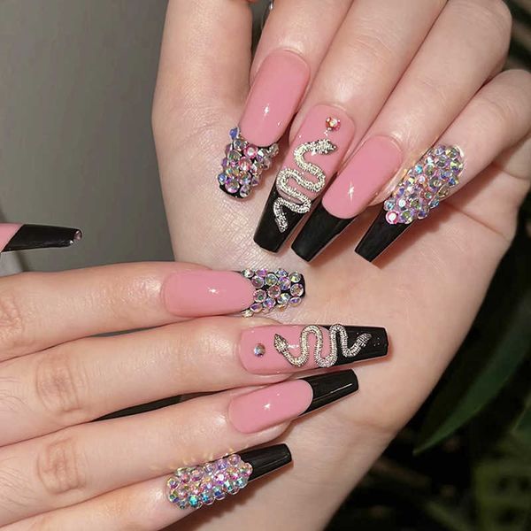 

false nails wearing bare pink black border pseudo snake pile drill long ballet enhancement 230317, Red;gold