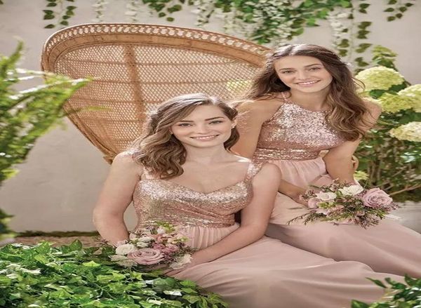 

new shiny sequins mixed neckline flow chiffon formal prom party dresses long bridesmaid dresses summer rose blush bridesmaid with 9809121, White;pink