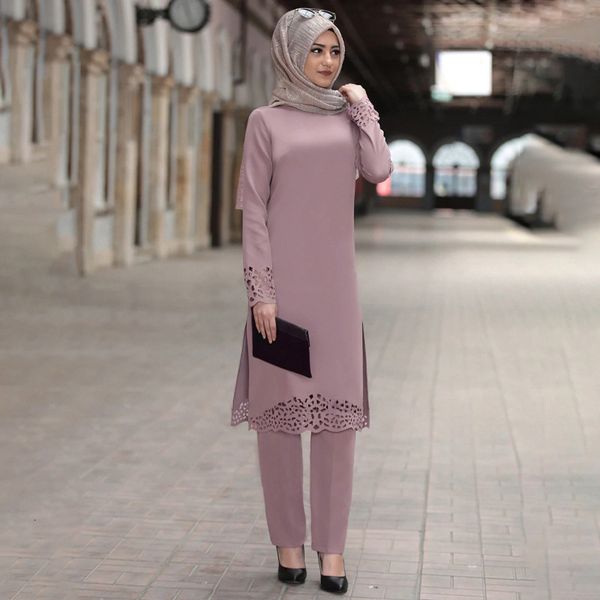 

ethnic clothing islamic pant set for women abaya dress muslim fashion hollow out solid long sleeve arab dubai eid mubarak ladies kaftan 2303, Red