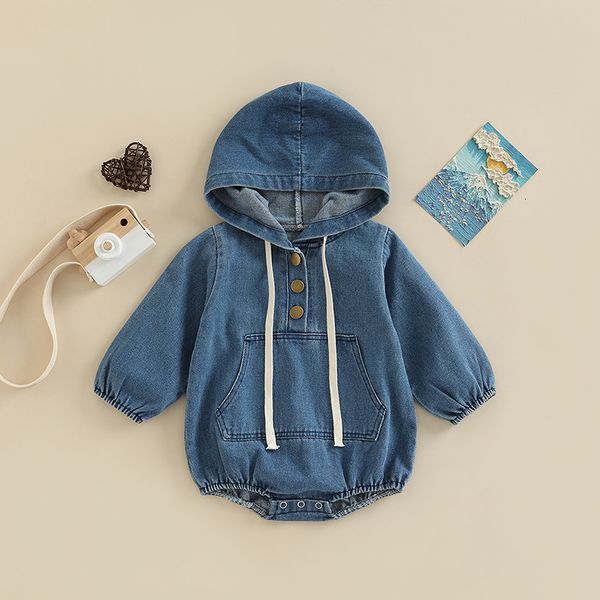 

rompers -08-04 lioraitiin 0-24m infant baby boy fall hooded bodysuit long sleeve button front solid color denim jumpsuit 230317, Blue