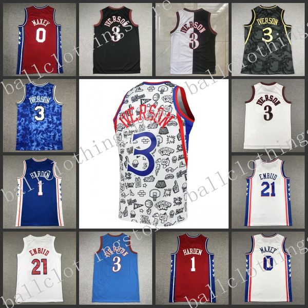 

mens basketball jerseys joel embiid allen iverson james harden tyrese maxey matisse thybulle tobias harris georges niang paul reed milton s-, Black;red