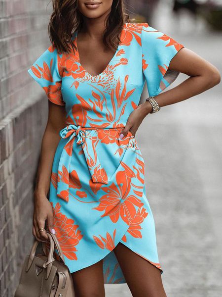 

casual dresses elegant office ladies dress fashion print summer short sleeve v neck belt dresses for women casual boho beach sundress 230316, Black;gray