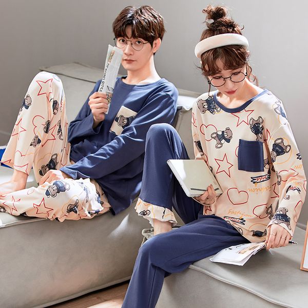 

men's sleepwear sweet couple pajamas set kawaii bear cartoon print knit cotton homewear winter men women long sleeve pants blue pocket, Black;brown