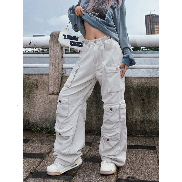 

men s pants street harajuku style white multi pocket workwear autumn winter loose casual straight work men 230317, Black