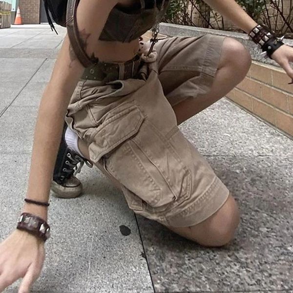 

women's shorts khaki cargo pants high waist loose pocket patchwork knee length denim retro casual y2k short jean oversized 230317, White;black