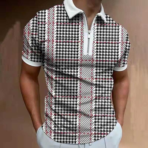 

men's t-shirt new men's 3dpolo shirt plaid print zipper short sleeve t-shirt polo shirt, White;black