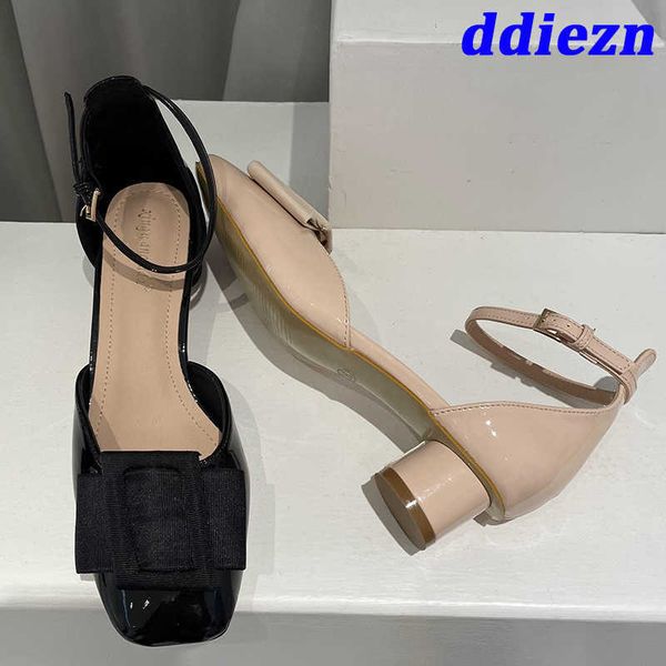 

women chunky heels sandals shoes 2023 summer spring female fashion buckle shallow square toe ladies pumps med high heels shoes 0316, Black
