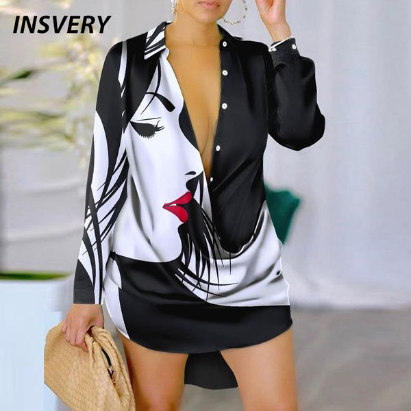 

casual dresses women long sleeve looss shirt dress boho turn down collar vintage print club party dresses casual mini dress 230316, Black;gray